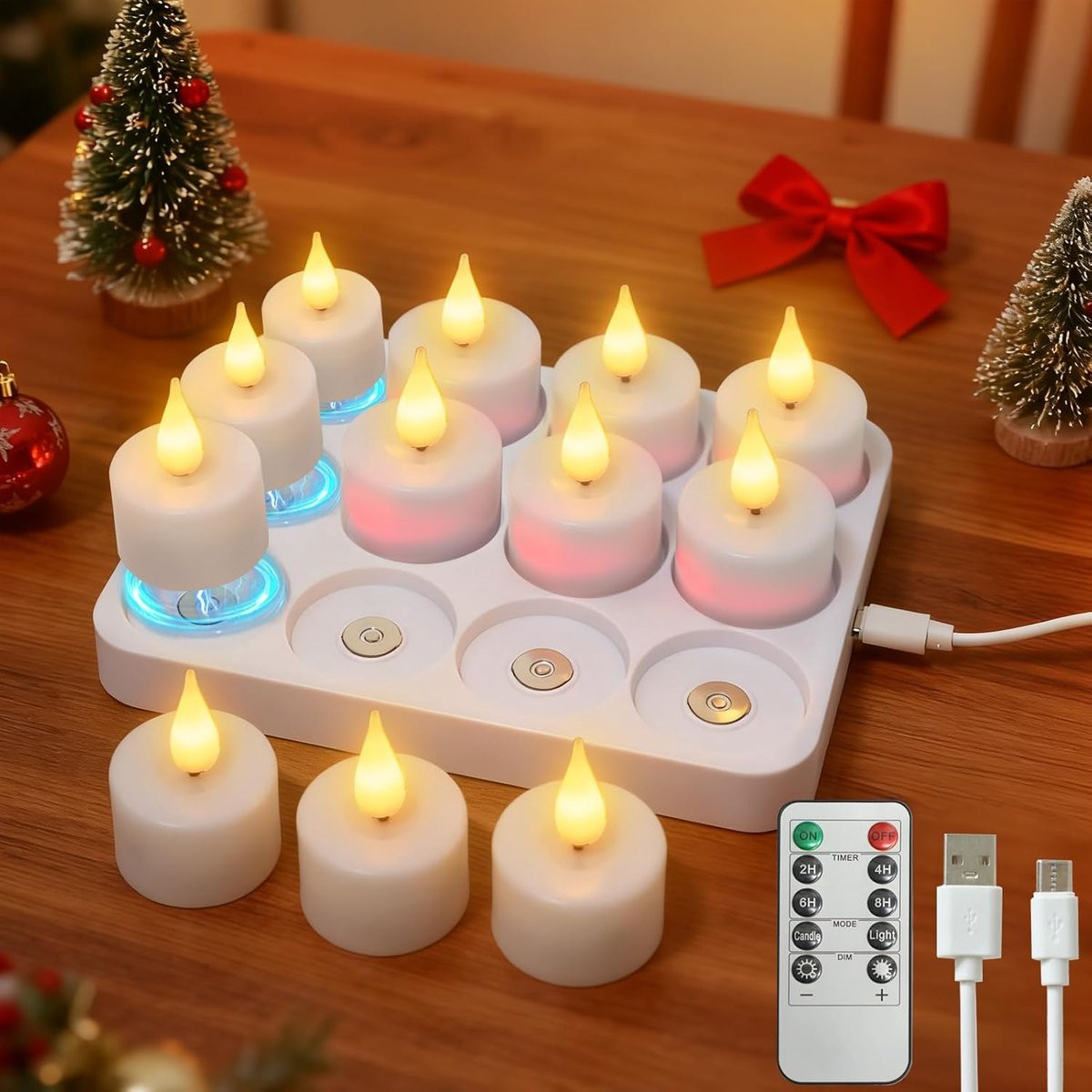 SnelShoppen 12 stuks oplaadbare LED theelichtjes met afstandsbediening en timer, warmwitte elektrische kaarsen met flikkereffect