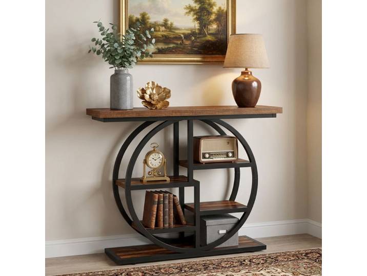 Table Console Table d'entrée de 105×30×80 cm Base ronde noire Couloir et salon brun foncé