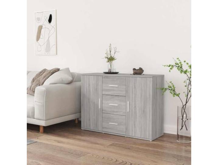 RJPLMFV Anrichte, niedrig, Grau, Sonoma, 91 x 29,5 x 65 cm, Holz, Holz 2 Türen, 3 Schubladen, minimalistisches Design, Aufbewahrung für Wohnzimmer, Wandbefestigung inklusive