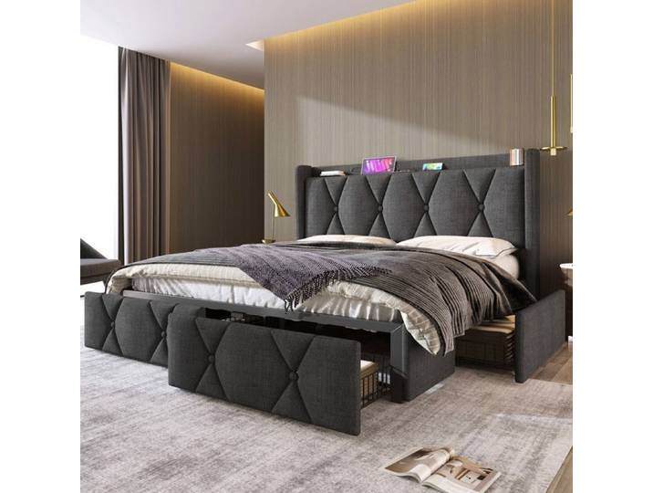 Lit double - MARQUE inconnue - 160x200cm - Lin gris - 4 tiroirs - Ports USB intgrs