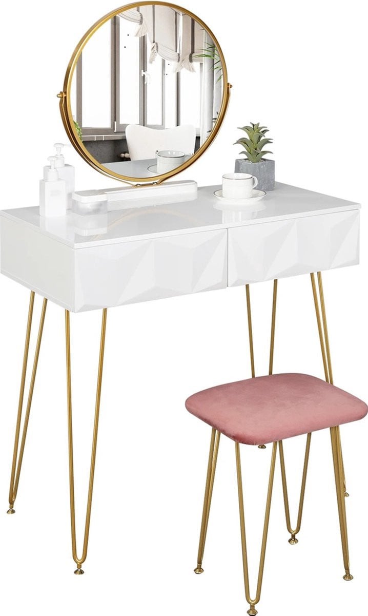 Kaptafel met make-up organizer, spiegel, kruk en lades