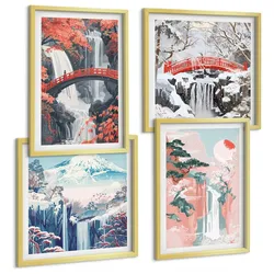 BILDER SET 4er Set - 50x50 cm & 40x60 cm Goldrahmen - Wasserfälle, Brücken, Bäume, Jahreszeiten