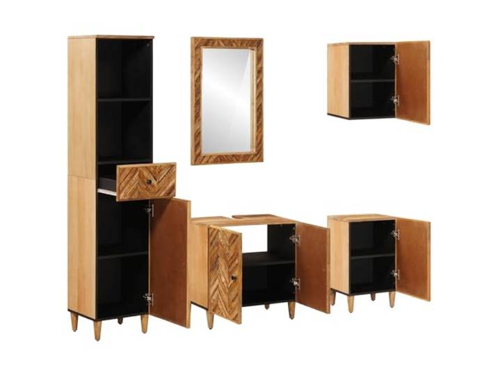 POUFGDR Badezimmermöbel-Set, 5-teilig, Mangoholz, massiv Spiegel im Lieferumfang enthalten, Schrank unter der Spüle, Braun, minimalistisches Design, Wandbefestigung, Trockenreinigung