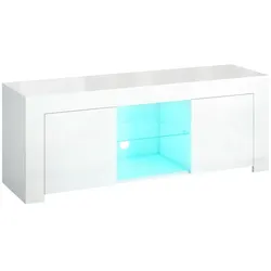 OKWISH TV Lowboard 120x34x45 cm mit LED-Beleuchtung Hochglanz Weiß mit 2 Türen Glasablage und Kabeldurchführungen für Wohnzimmer
