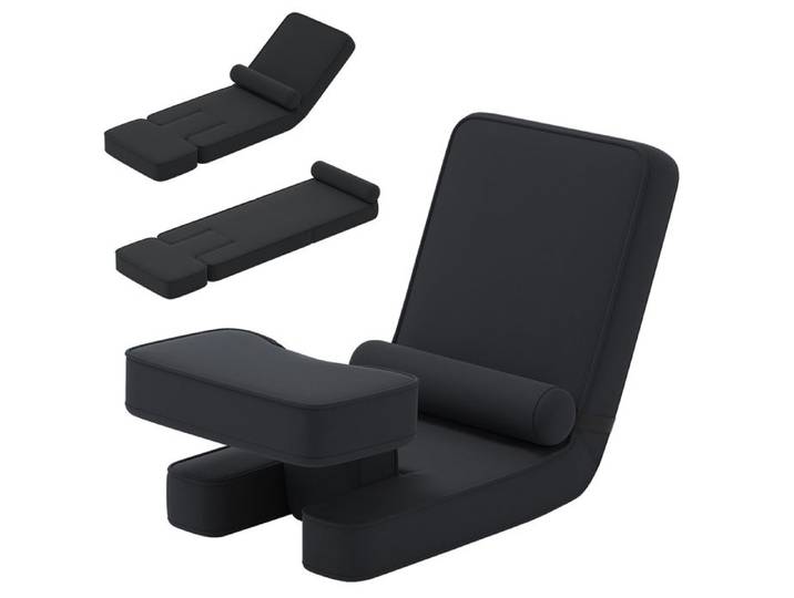 Fauteuil de Sol Pliante - RELAX4LIFE - Dossier Réglable en 5 Positions - Coussin Cylindrique Chaise de Sol pour Salon - Noir