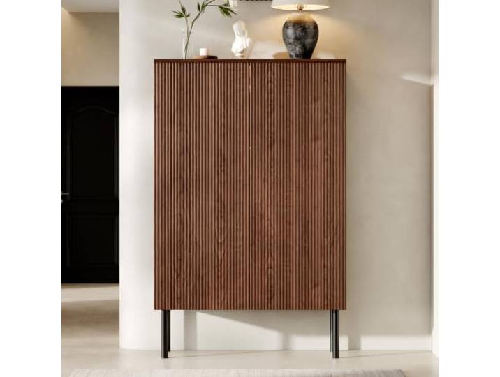 Merax Vitrinenschrank 80x35x145 cm, Braun, Weinschrank mit LED-Beleuchtung, Spiegelrückwand, Glasboden, Rillenfront und viel Stauraum für Wohnzimmer und Esszimmer