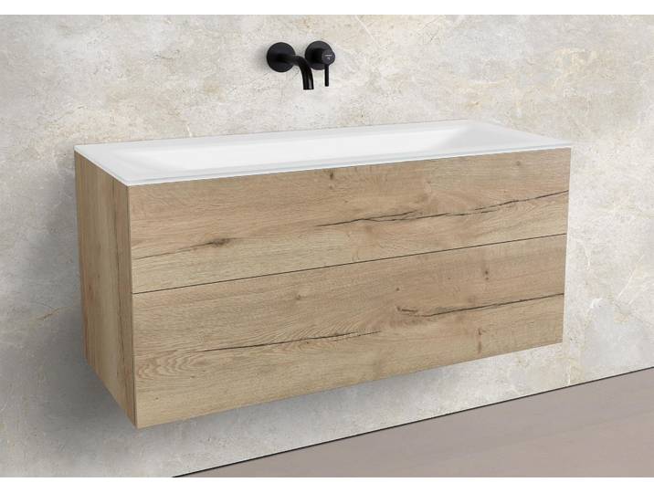 Zafiro - Badmöbelset 120 cm mit Glaswaschbecken (Einzel) Optiwhite und grifflosem Unterschrank