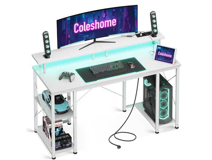 Bureau Gaming LED avec USB & Pri 120x50cm Blanc Blanc Blanc BUREAU
