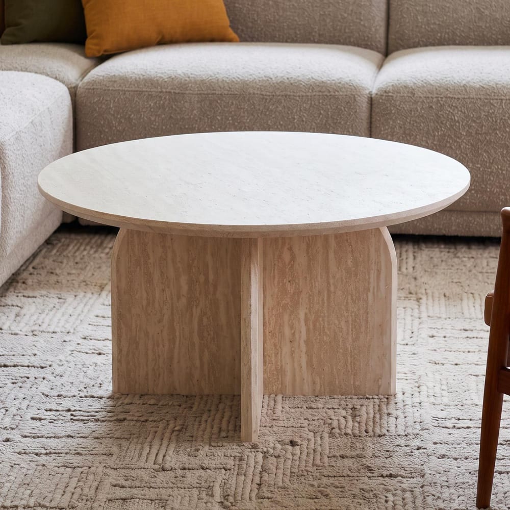 Menzzo Table basse ronde élégante 80cm effet travertin beige Beige 80x45x80cm