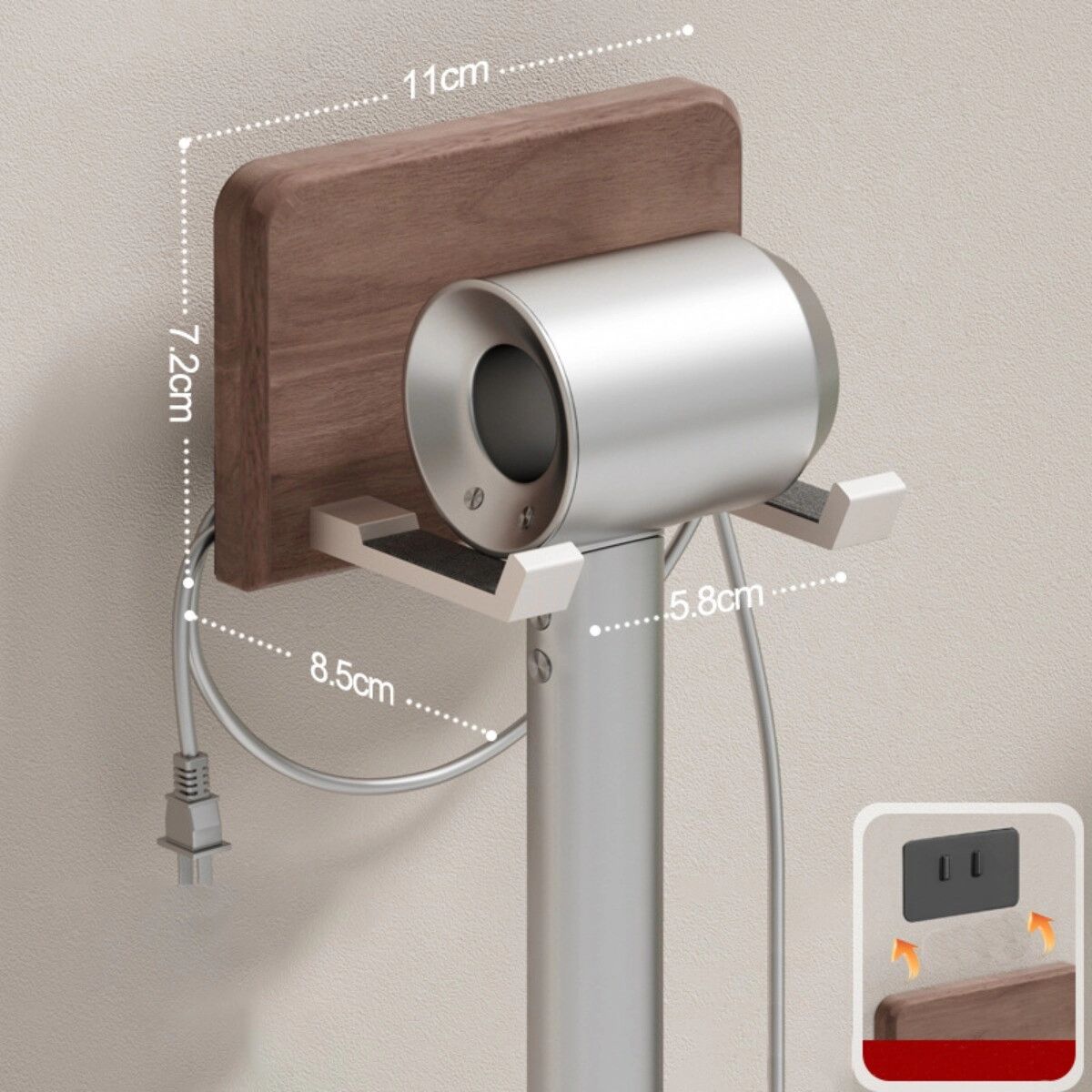 INF Magnetischer Haartrocknerhalter – Aluminiumlegierung & Naturholz, Wandhalter mit Silikonpolster, wasserfester Organizer,