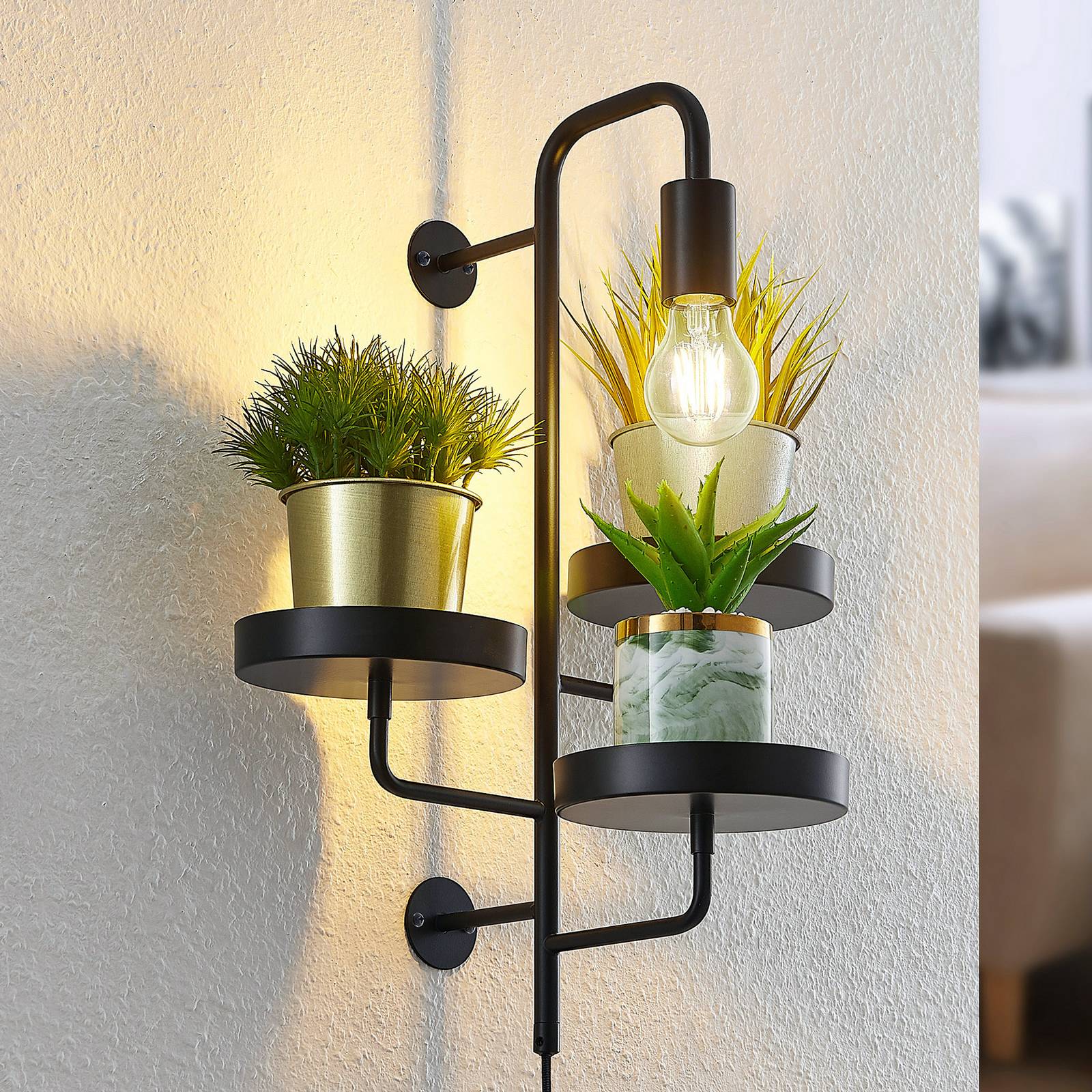 Wall Light Hanjo Lindby, dimmable, Black, Living / Dining Room, metal, Modern, Wall Light