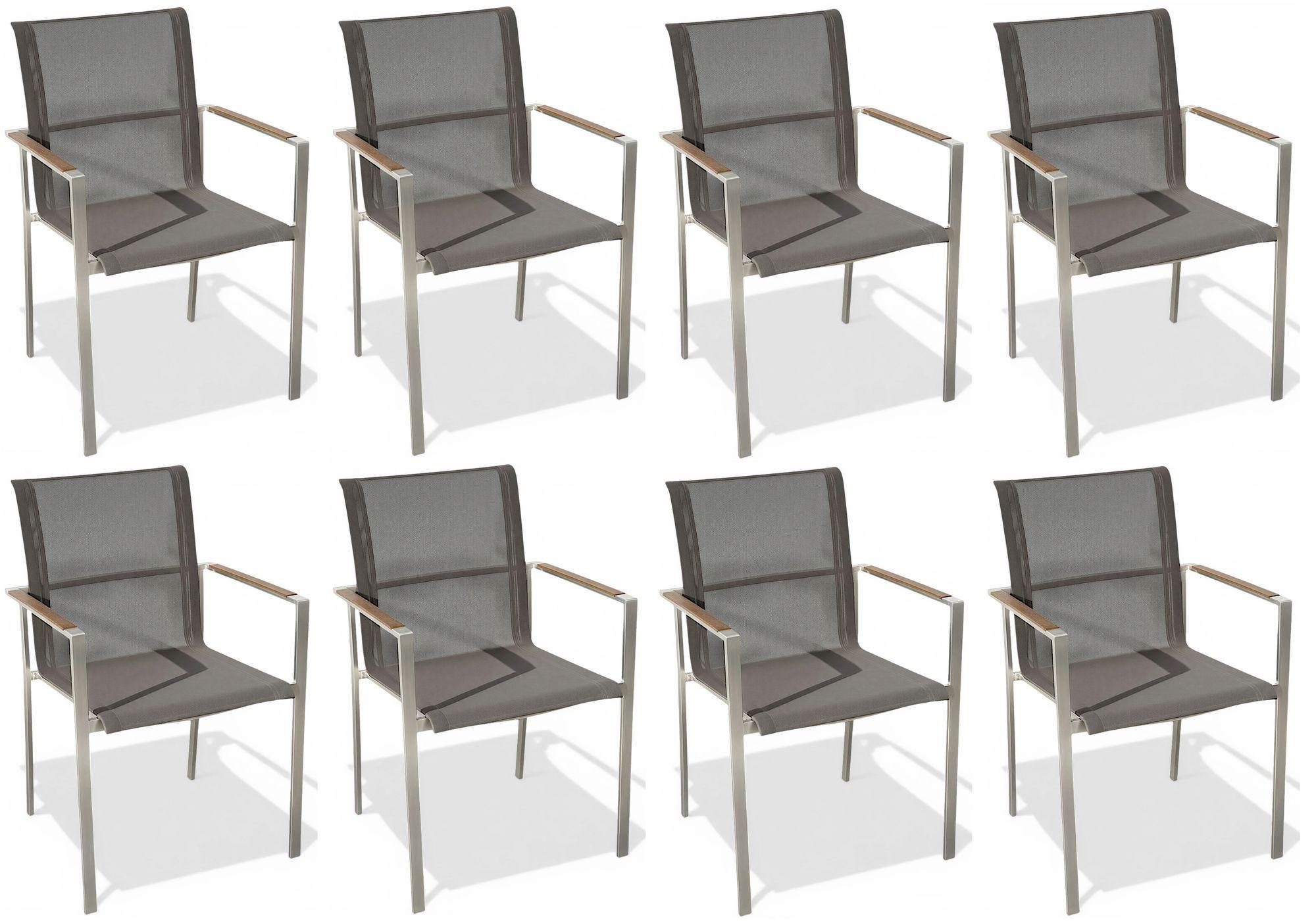 ASS 8Stk Designer Gartenstuhl mit Armlehne KUBA-BRAUN Gastroqualität Stapelsessel Gartensessel Stapelstuhl Sessel Edelstahl Batyline Textilene Teak stapelbar sehr robust