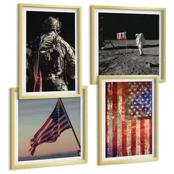 BILDER SET 4er Set - 50x50 cm & 40x60 cm Goldrahmen - Amerikanische Symbole, USA-Flagge
