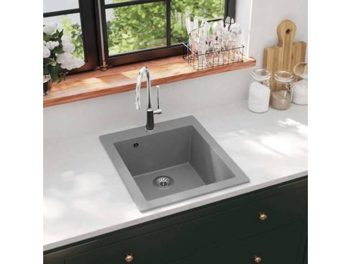 Küchenspüle Granit Grau Einbauspüle 425 x 500 mm Granit 80% Quarz 20% Harz, Tiefwaschbecken 350x390x195mm, hitzebeständig 280°C, inkl. Ablaufgarnitur,