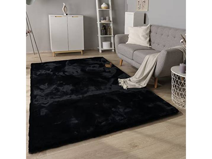 Paco Home Hochflor Teppich Wohnzimmer Schlafzimmer Modern Flauschiger Fellteppich Fell Imitat Kunstfell Langflor, Grösse:80x150 cm, Farbe:Schwarz