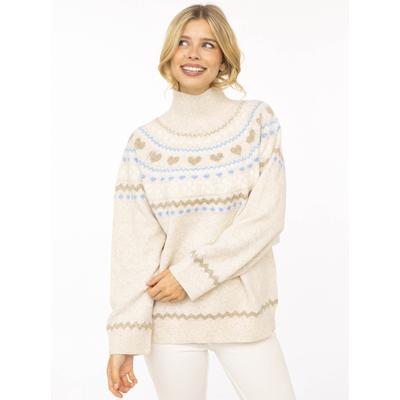 Stehkragenpullover ZWILLINGSHERZ "Norweger", Damen, Gr. S/M, beige, Grobstrick, Obermaterial: 65% Polyester, 13% Polyacryl, 13% Polyamid, 9% Wolle, Pullover Stehkragenpullover, Norweger-Muster, hoher Kragen, oversize, komfortables Strick