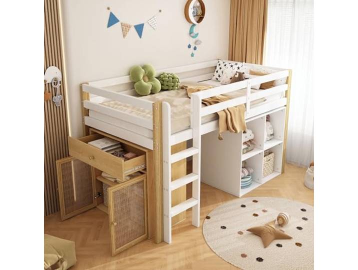 Merax Hochbett für Einzelbett, 90 x 200 cm, multifunktionales Hochbett für Kinder, mit Stauraum, Holz und Weiß (ohne Matratze)