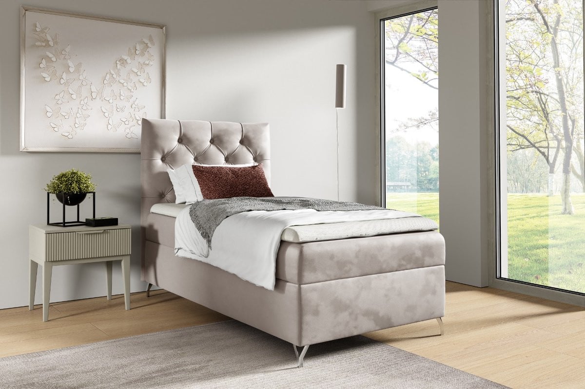 Boxspring Gilles Bed Set met opbergruimte en topper, Matt Velvet Taupe, 90x200 cm