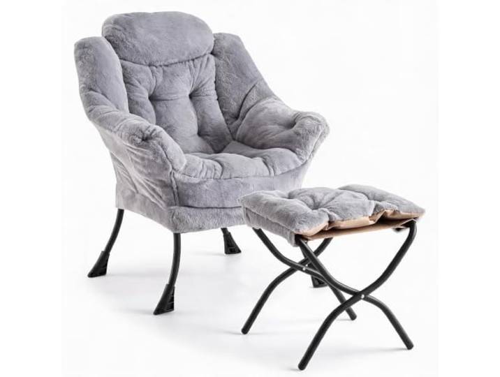 Baloveby Relax-Loungesessel Ottoman gepolsterter Lesesessel mit Armlehnen, klappbare Fußstütze, Seitentasche & verstellbare Gurte, für Wohnzimmer/Schlafzimmer/Büro – Farbe: Rabbit fur color