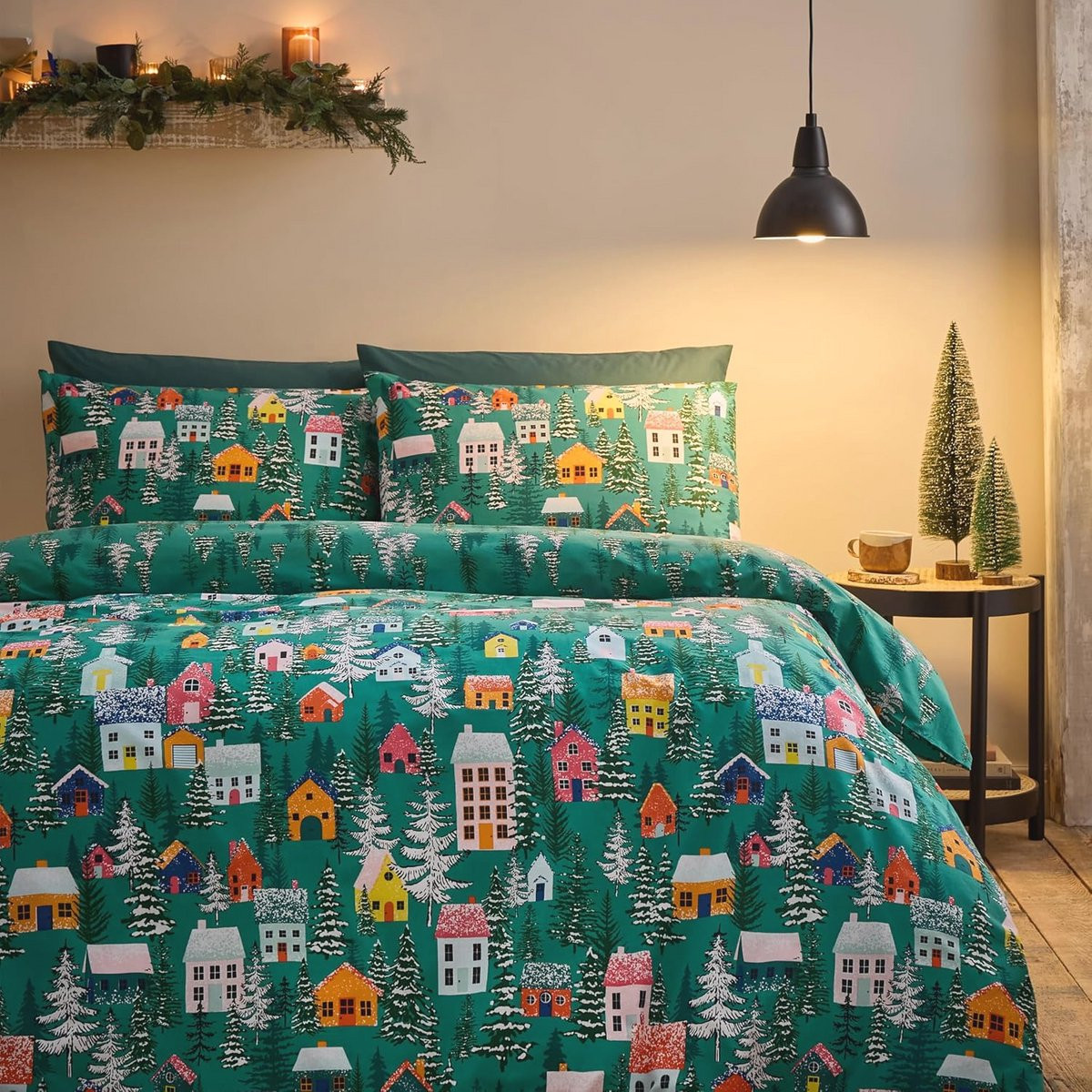 Kerst Feestelijke Bos Omkeerbare Eenpersoons Dekbedovertrek Set met Kussensloop - Groen