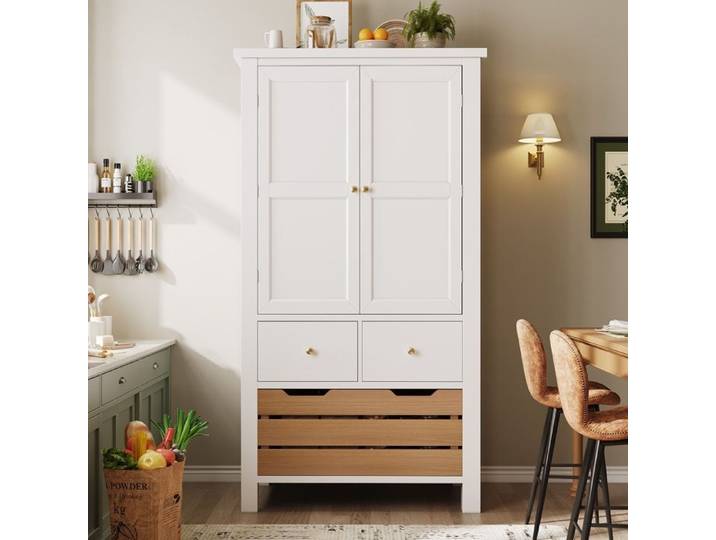 MODENUIT Buffet haut 80x40x140 cm meuble de rangement avec portes et tiroirs paniers et anti basculement MDF Blanc