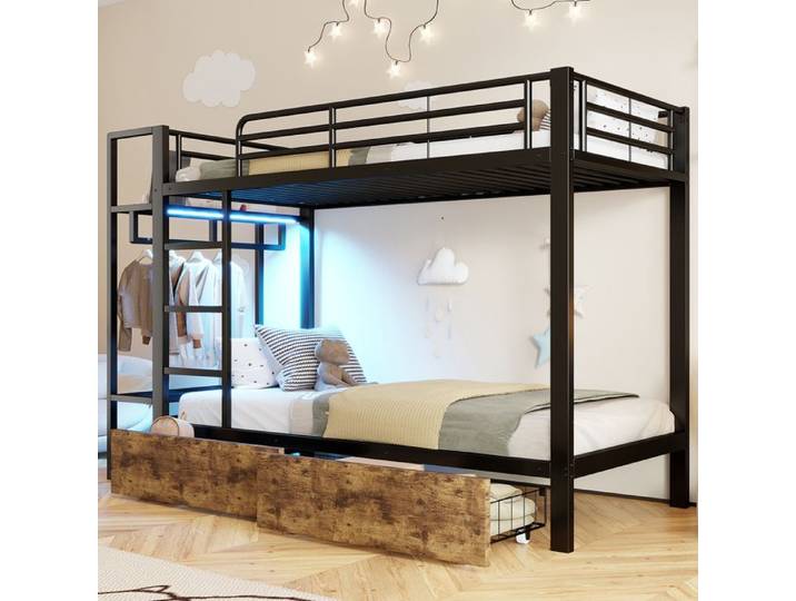 Lit superposé - MERAX - 90x200 - Métal & MDF - 2 tiroirs étagères - LED intelligente
