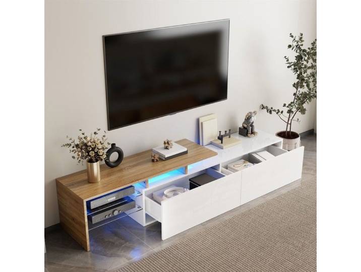 Meuble TV design moderne blanc brillant & bois - Étagères verre rangements pratiques éclairage LED - Élégant & raffiné