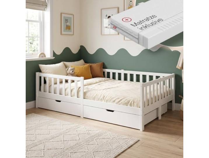 Bellabino Vere Kinderbett 120x200 cm, mit Schubladen & Matratze, Weiß Montessori Kinderbett mit Rausfallschutz & Lattenrost, Massivholzbett für Jungen & Mädchen aus Holz Kiefer, Kleinkindbett