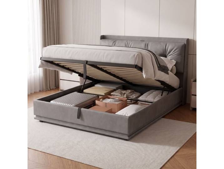 Lit coffre - URBANLUXE - Lit double 160x200 cm - Velours gris - Sommier à lattes - Coffre hydraulique
