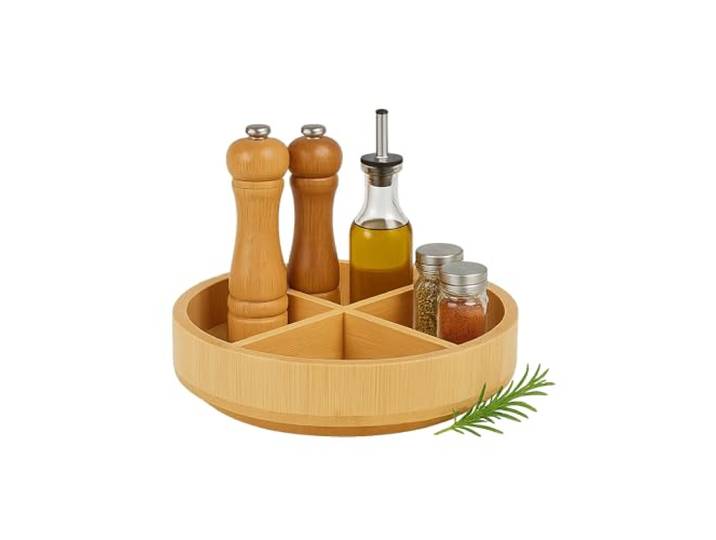 Relaxdays Plateau tournant en bambou\, 360° rotatif\, 4 compartiments\, H x P : 6 x 23\,5 cm\, organiseur à épices.