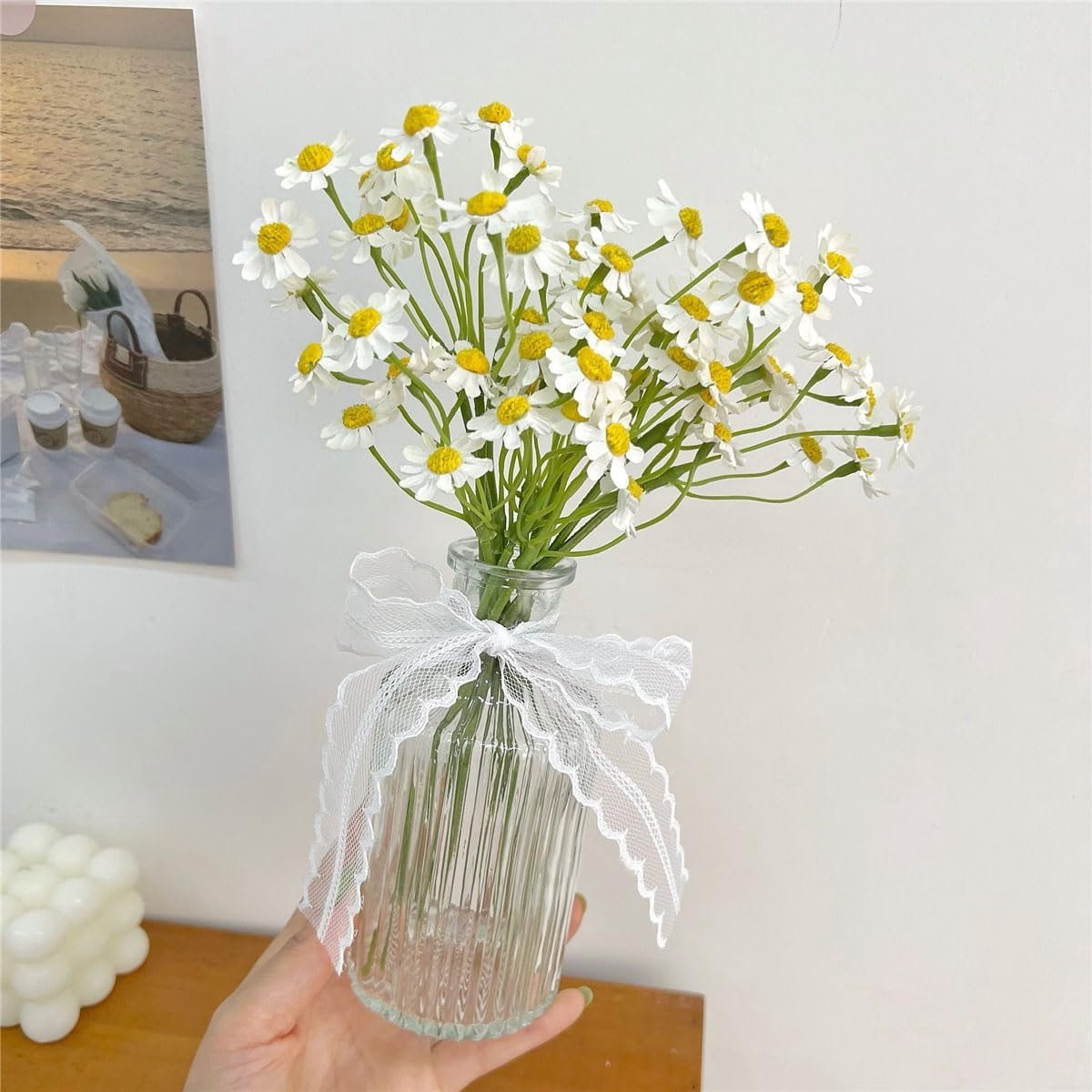 12 stuks Kunstmatige witte madeliefjes, 2 bosjes, 25,4 cm lentebloemen voor decoratie