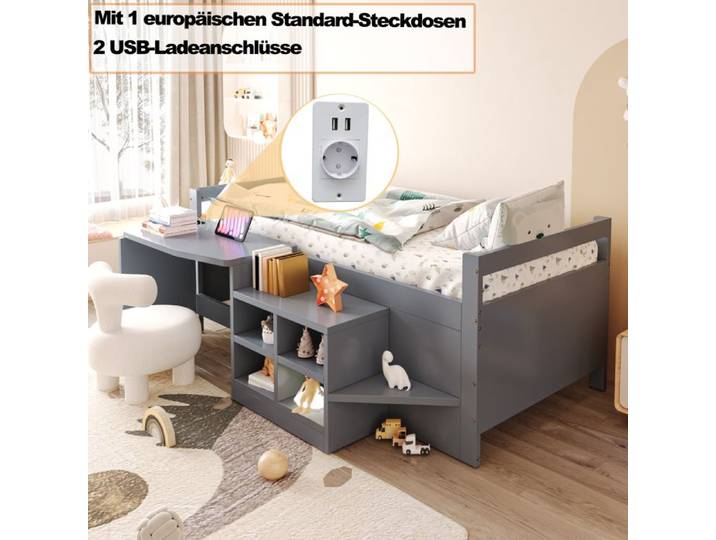 Lit enfant 90x200 cm Combine Mezzanine enfant rangements intégrés ports USB et prise lit simple - Gris