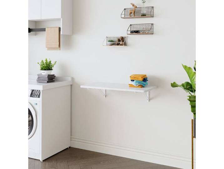 Table pliante murale blanche en MDF avec support métal 80 x 40 cm gain de place
