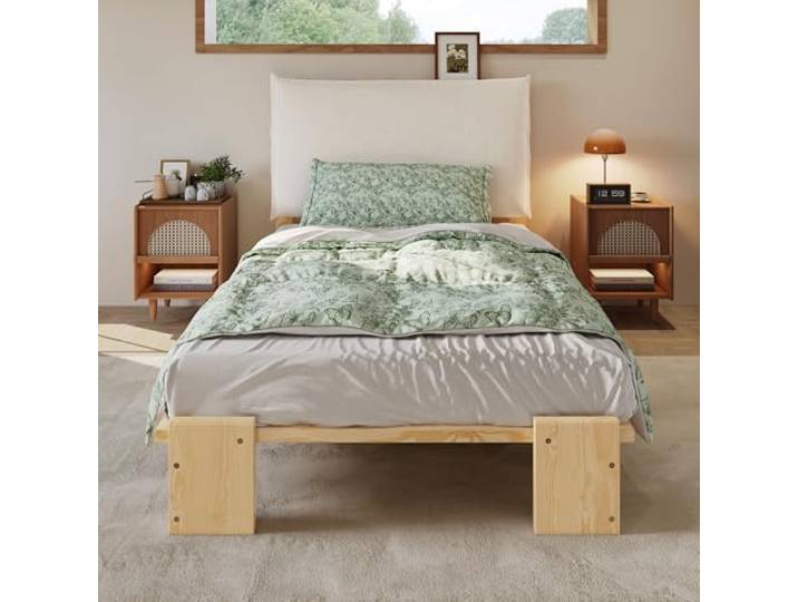 Bellemave Bettrahmen, Einzelbett 90×200 cm, mit Kopflehne, naturfarben Gepolsterte Kopflehne mit Klettverschluss, verbreiterte Bettfüße, kann als Kinderbett oder Erwachsenenbett verwendet werden