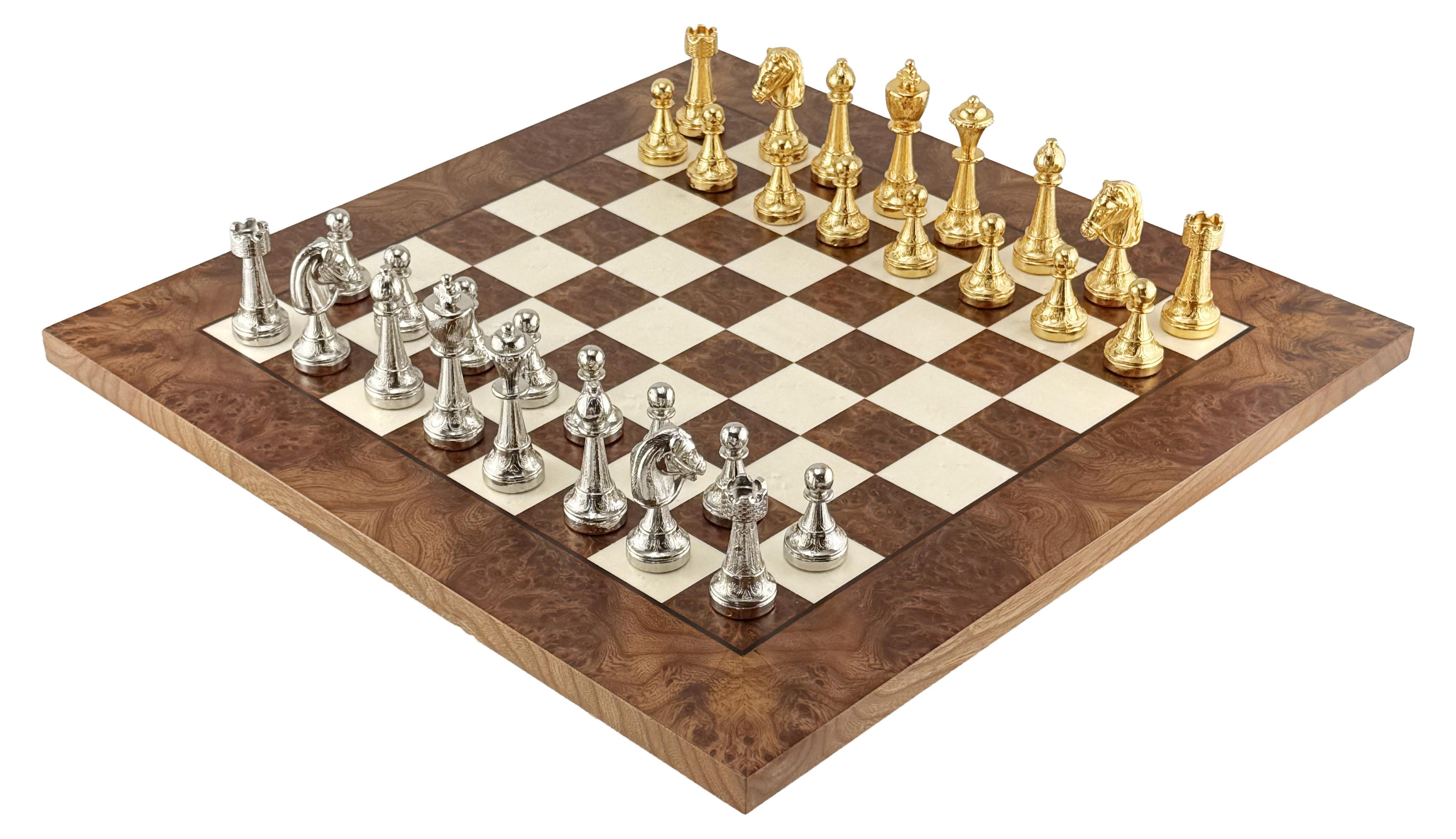 Italienisches Schachset Staunton Figuren Gold/Silber + Schachbrett Holz 42