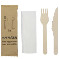 MONOUSO - Holzgabel, Messer und Servietten-Set 20,5cm (25 Stück)