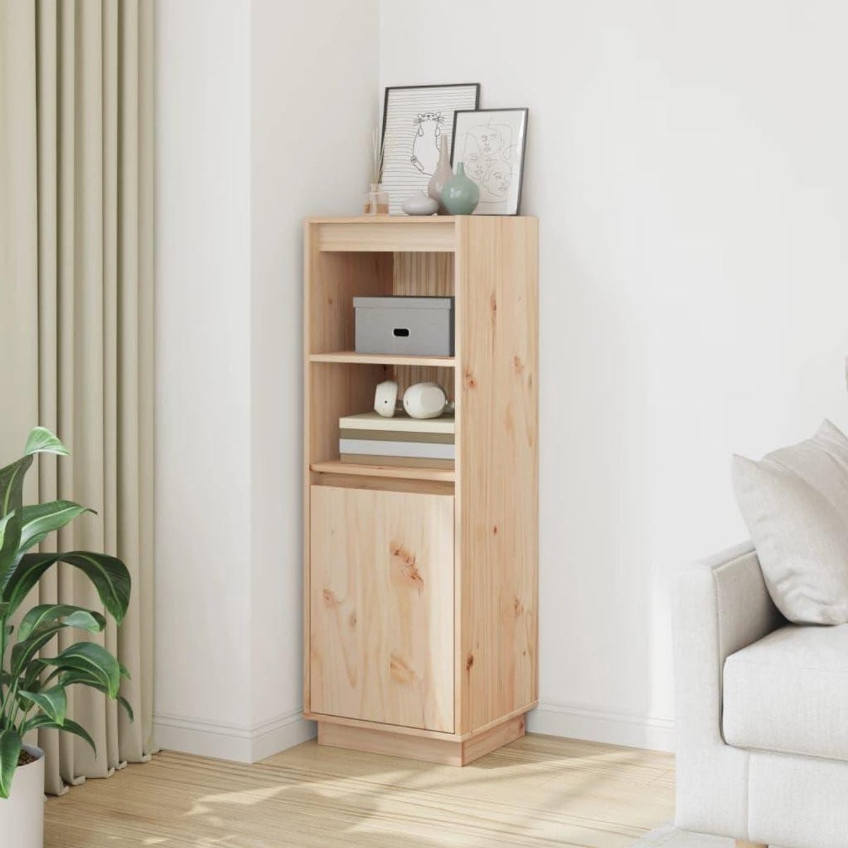 Massief houten highboard met open en gesloten vakken, Naturel, H 110 cm