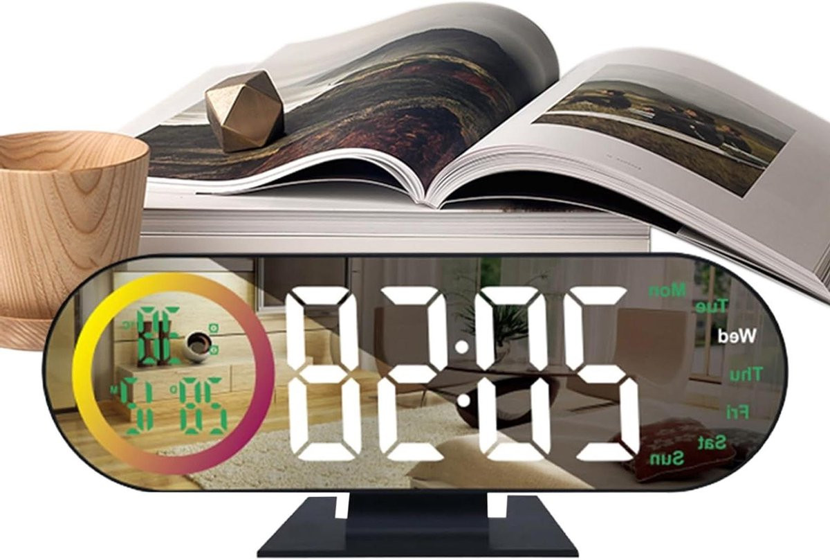 Led Bureauklok Digitale Spiegelklok Wit - Breedte: 18.5 cm