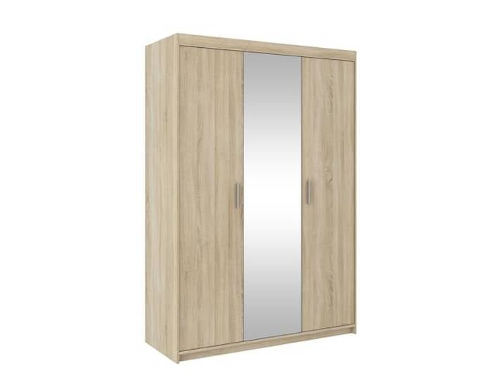 AXLIVING Storicos 3D 3-türige Kleiderschrank mit Spiegel Eiche Sonoma Praktische Aufteilung: 3 Türen, 7 Fächer, 1 Kleiderstange. Laminierte Platten. Breite von 133 cm. HDF-Rückwand.