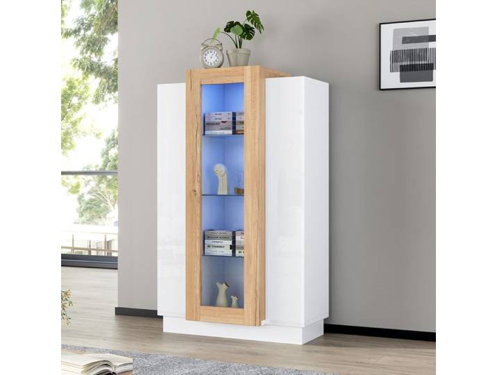 74*40*120cm Armoire de séjour avec 3 portes portes transparentes vitrine haute brillance avec LED bibliothèque avec vitre et tiro