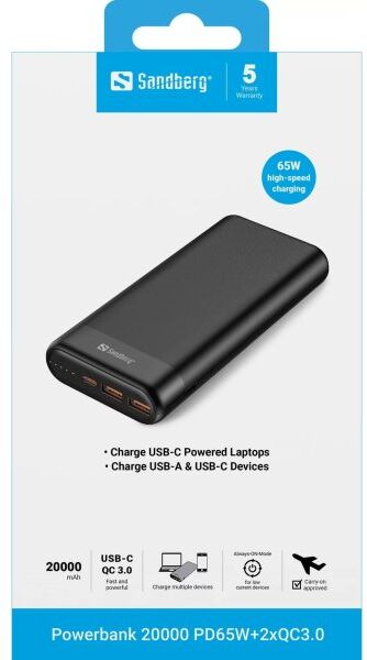 Sandberg Powerbank 20000 Pd65w+2xqc3.0, Sort