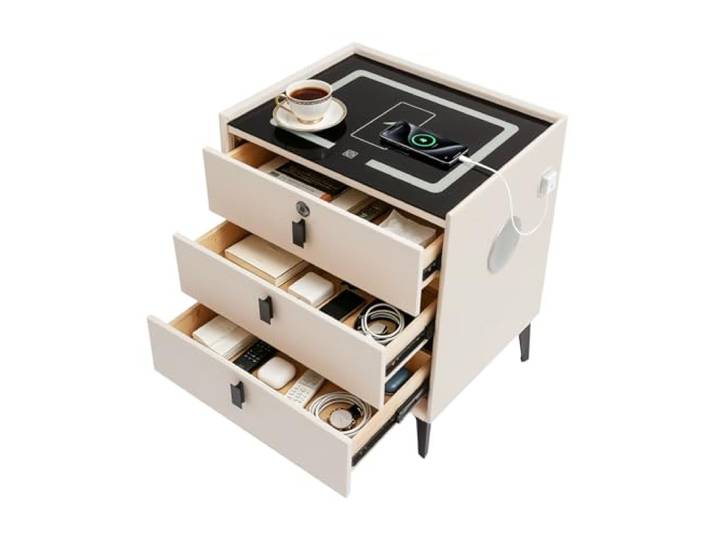 Intelligenter Nachttisch mit Fingerabdruck, LED & Bluetooth, Weiß Mit 3-Farbiger LED-Beleuchtung, 3 Schubladen mit Stauraum Drahtlosem Laden & USB, bis 50 kg Belastbar, leise Schubladen