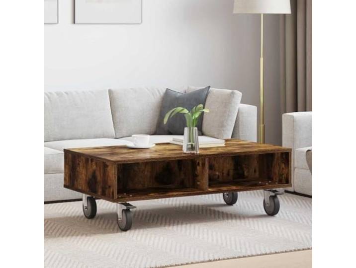 GPWERSDF Beistelltisch mit Rädern Geräucherte Eiche 90 x 50 x 30 cm Mit Stauraum, 4 Rollen mit 2 Bremsen, Holzwerkstoff, für Sofa und Bett