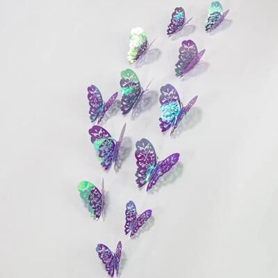 Inspire Select 3D Mirror Butterfly Wall Stickers Hollow Gold, Silver & Blue DIY Room Decor 12 Pcs Purple A