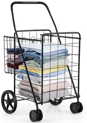 Costway Folding Shopping Cart for Laundry with Swiveling Wheels and Dual Storage Baskets-Black