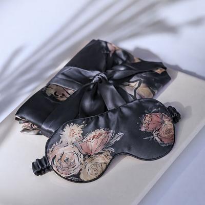 kimandono.com Jia Washable Silk Self Care Set: Floral Kimono Robe & Eye Mask - black