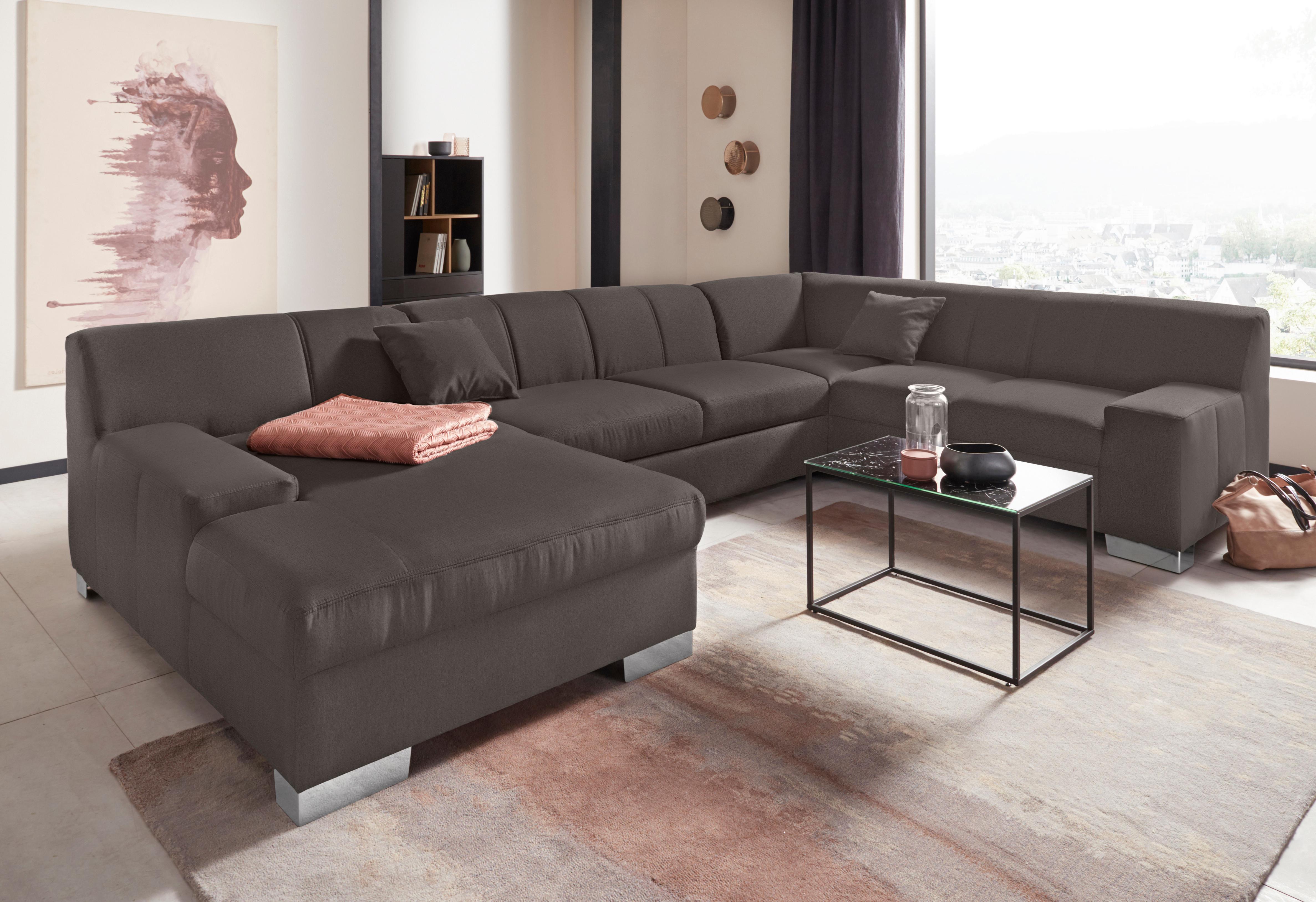 Wohnlandschaft DOMO COLLECTION "Bero, elegant und zeitlos, flache Armlehnen, Breite 328cm, U-Form", grau (stone), B:328cm H:74cm T:212cm, Feinstruktur (100% Polyester);Luxus-Microfaser (100% Polyester);Zierkissen: Im jeweiligen Bezugsstoff;Struktur fein (