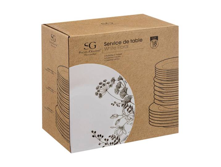 Secret de Gourmet Porzellanservice für 6 Personen White Floral Weiß 26,5/2,9/26,5 cm, Keramik, Rund, Geschirr, Teller