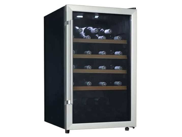 Tronitechnik® Weinkühlschrank, Getränkekühlschrank, Minibar, Mini-Kühlschrank leise, 126 Liter, 63 Flaschen, Wein Kühlschrank Edelstahl-Optik, mit LED Licht & Holzeinschübe freistehend
