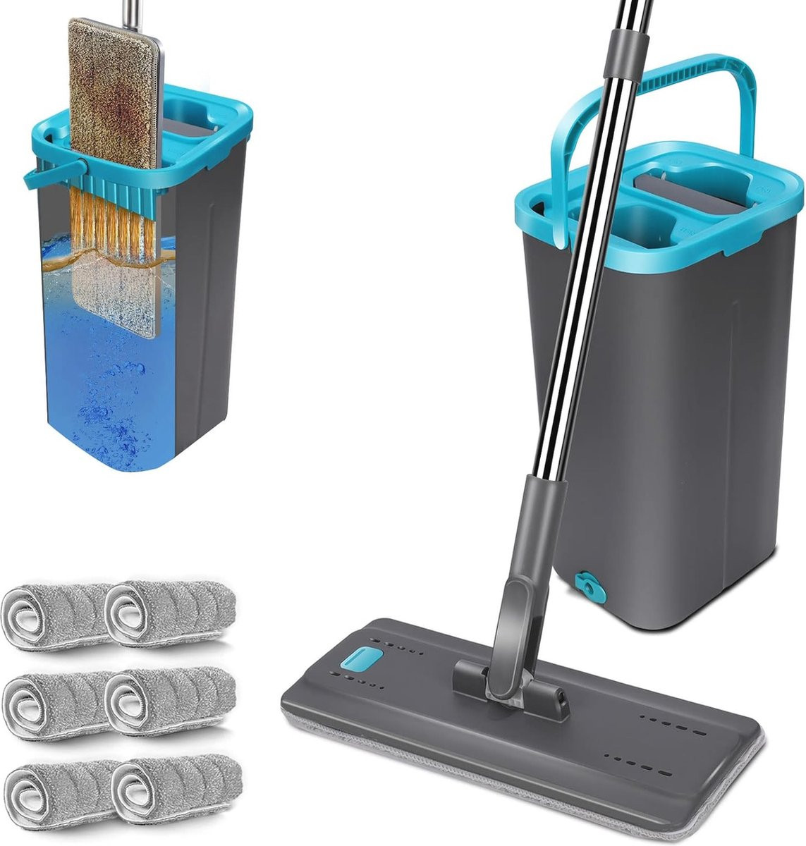 Vloerwisserset met Emmer en 144 cm Handgreep – Dweilset met 6 Microvezel Dweilkoppen, Geschikt voor Alle Vloeren, Grijs